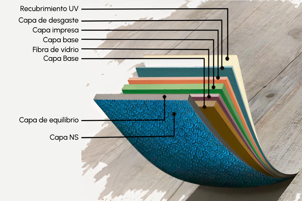 Dibujo de las capas de una lama de suelo Loose Lay, rotuladas